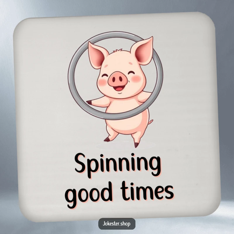 Funny drink coaster showing a happy pig energetically hula hooping with a large ring, a humorous detail for tabletops.