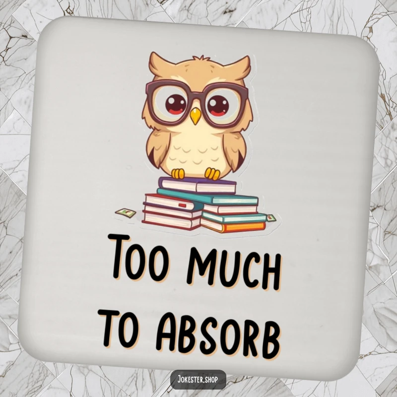 Funny owl character with spectacles, books raining down around it. A protective and funny drink coaster.