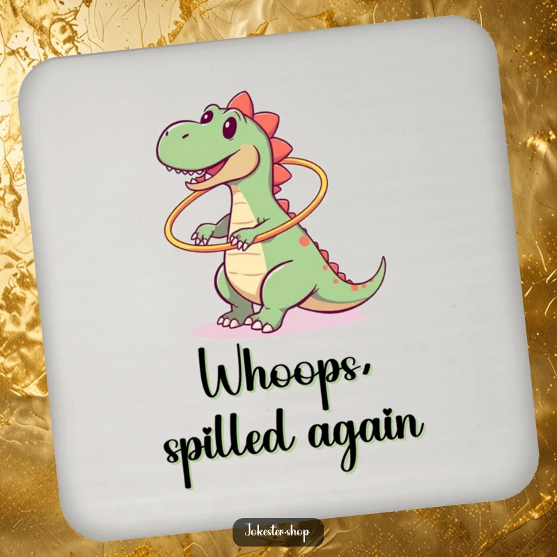 Funny drink coaster showing a clumsy dinosaur hilariously falling while attempting to hula hoop, protecting your surfaces.
