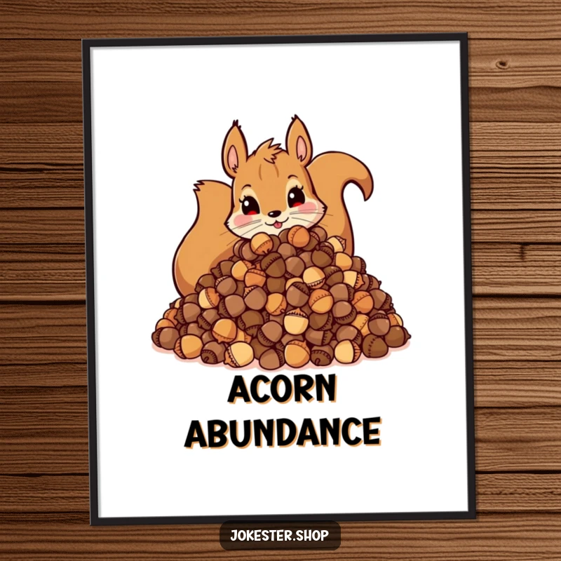 Funny Poster: Artistic depiction of a mischievous squirrel with an absurdly large pile of acorns, full of woodland charm.