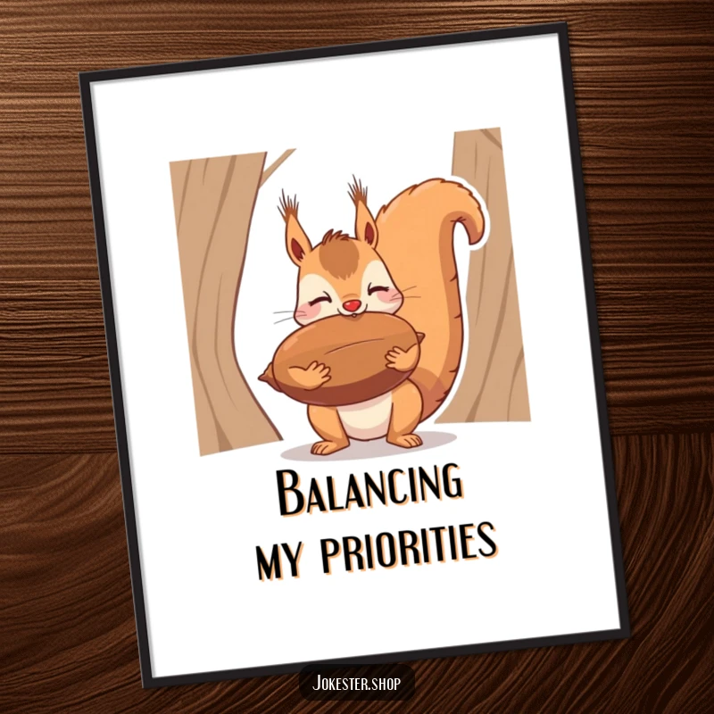 Funny poster artwork capturing a squirrel struggling to balance a huge nut on its nose, a comical display of intent.