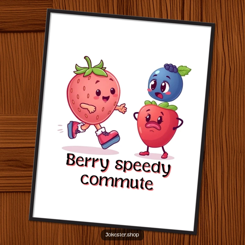 Funny Fruit Poster: A plump strawberry wearing roller skates zooms past a comically bewildered blueberry, capturing a funny fruit chase.