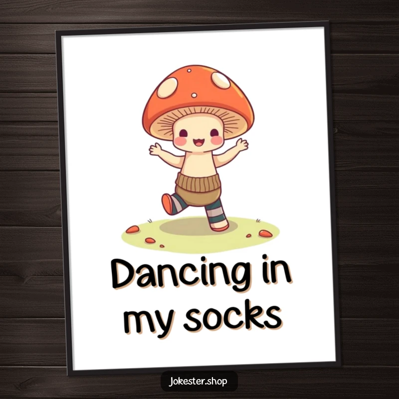 Funny Poster: A charming mushroom with visibly mismatched socks, captured mid-dance, exuding happiness and a playful, energetic vibe perfect for wall art.