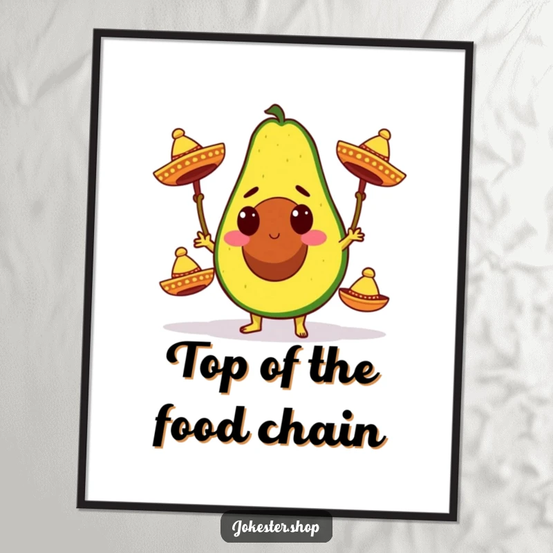 Funny poster displaying a determined avocado character humorously juggling three miniature colorful sombreros, radiating fiesta energy.