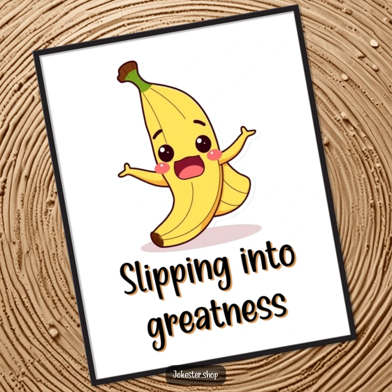 Funny poster featuring a surprised cartoon banana peel slipping on itself with a wide grin, bringing slapstick humor to any wall.