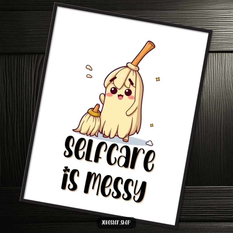 Funny poster of a bewildered broom humorously trying to sweep itself clean, adding a whimsical and comical touch to any room's decor.