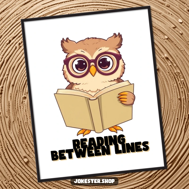 Funny owl character with oversized spectacles, appearing confused by a giant book, ideal for wall art.