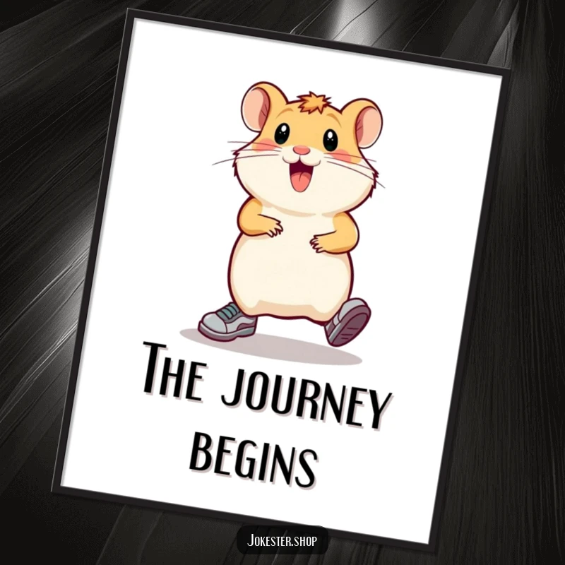 Funny hamster, tiny running shoes, comically sprinting in place, capturing a moment of pure, energetic humor for wall art.