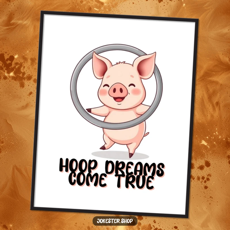 Funny poster artwork of a happy pig enthusiastically hula hooping with a large ring, a vibrant and joyful image.