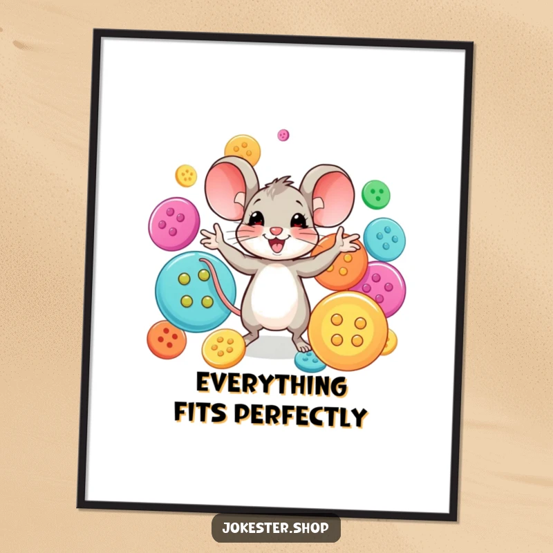 Funny mouse character gleefully juggling a collection of oversized, colorful buttons. A whimsical and funny poster for creative spaces.