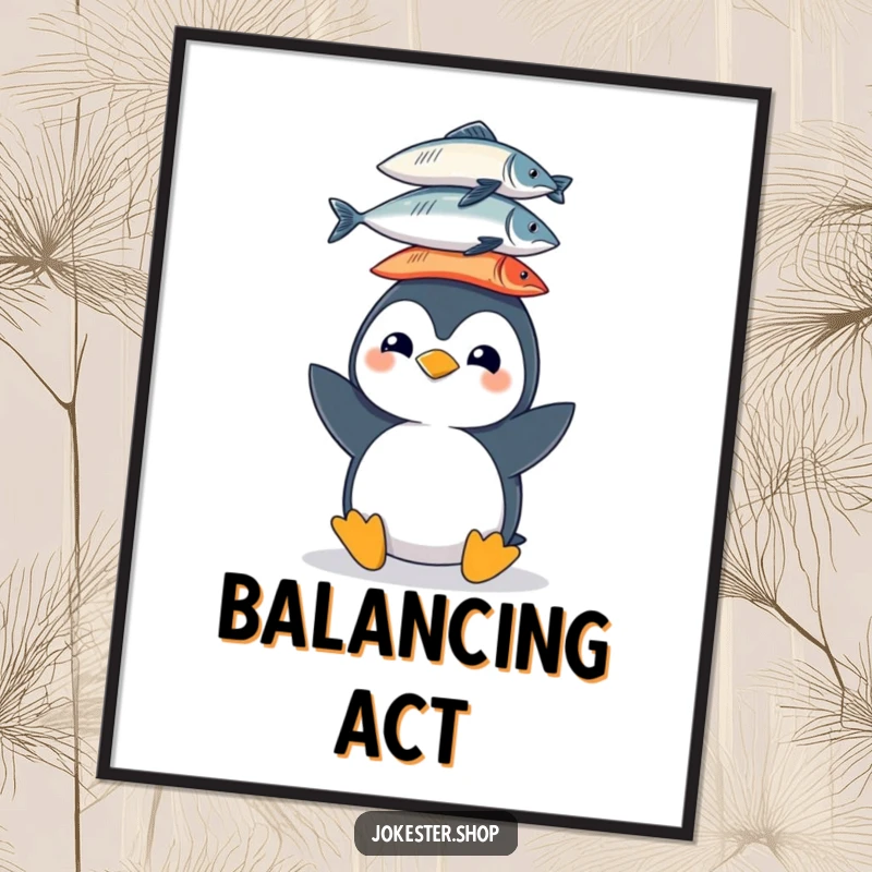 Funny poster displaying a cheerful penguin character attempting to balance a tall stack of fish on its head against a cool, aquatic background.