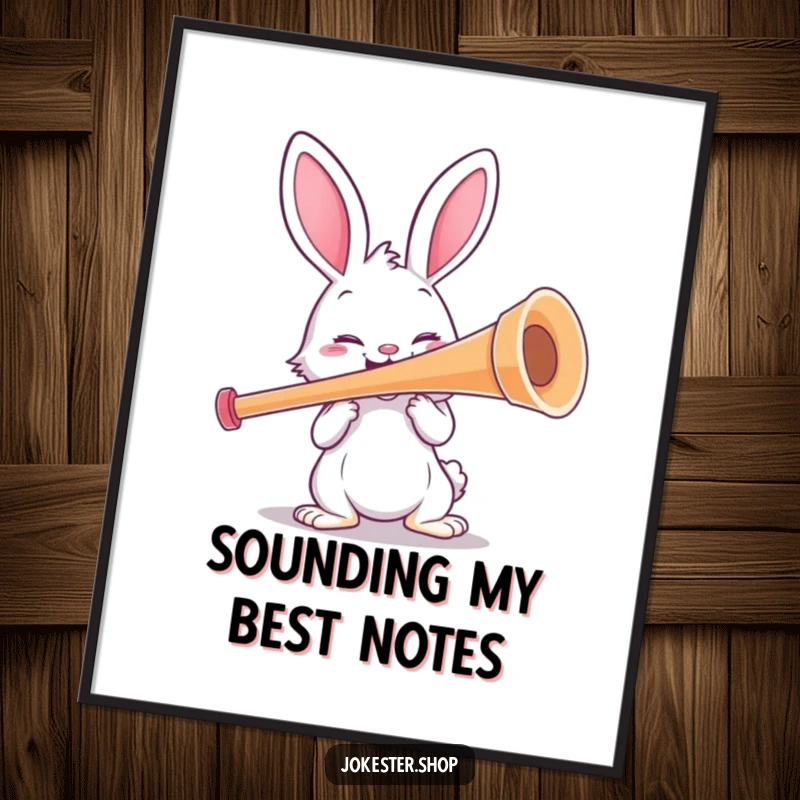 Funny rabbit character attempting a grand kazoo performance with a giant instrument. A whimsical and funny poster for playful decor.