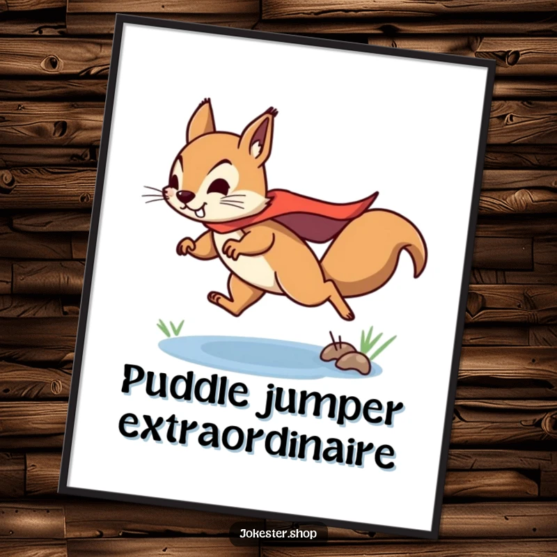 Funny squirrel poster art of a determined squirrel wearing a superhero cape, leaping over a puddle, inspirational wall decor.