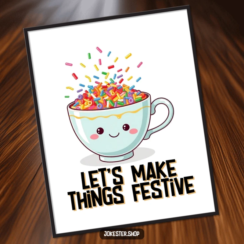 Funny teacup poster showcasing colorful, dancing sprinkles erupting from a cheerful cup, bringing a vibrant and happy atmosphere.