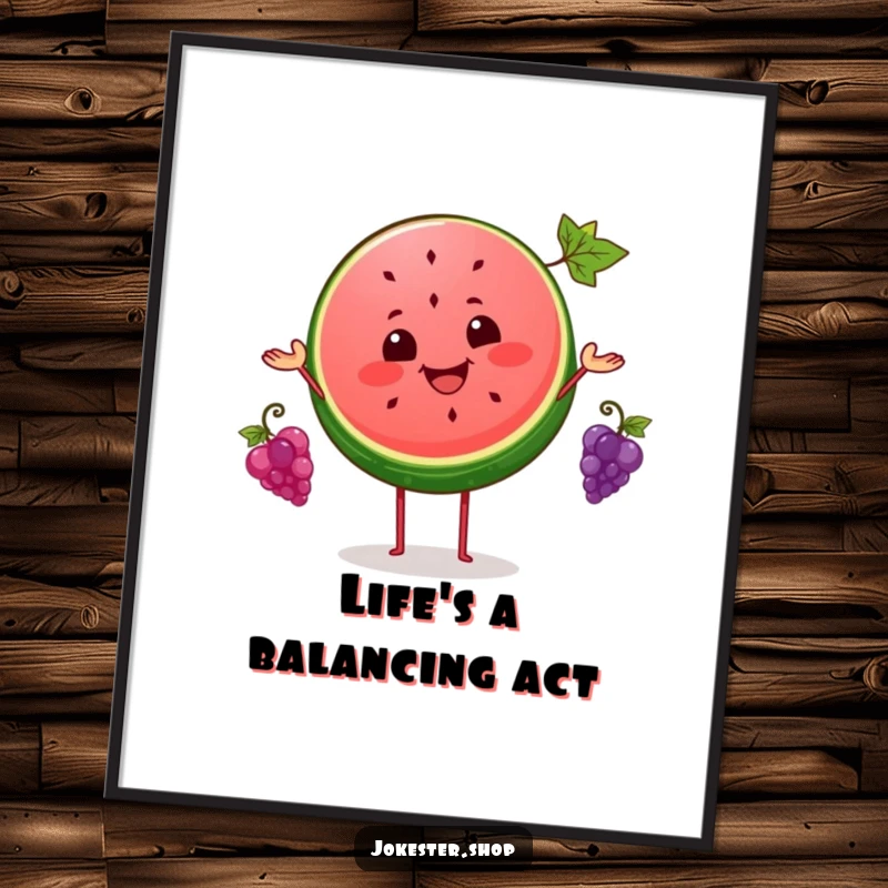 Funny poster print of a happy watermelon slice juggling three tiny grapes, creating a whimsical and amusing visual display.