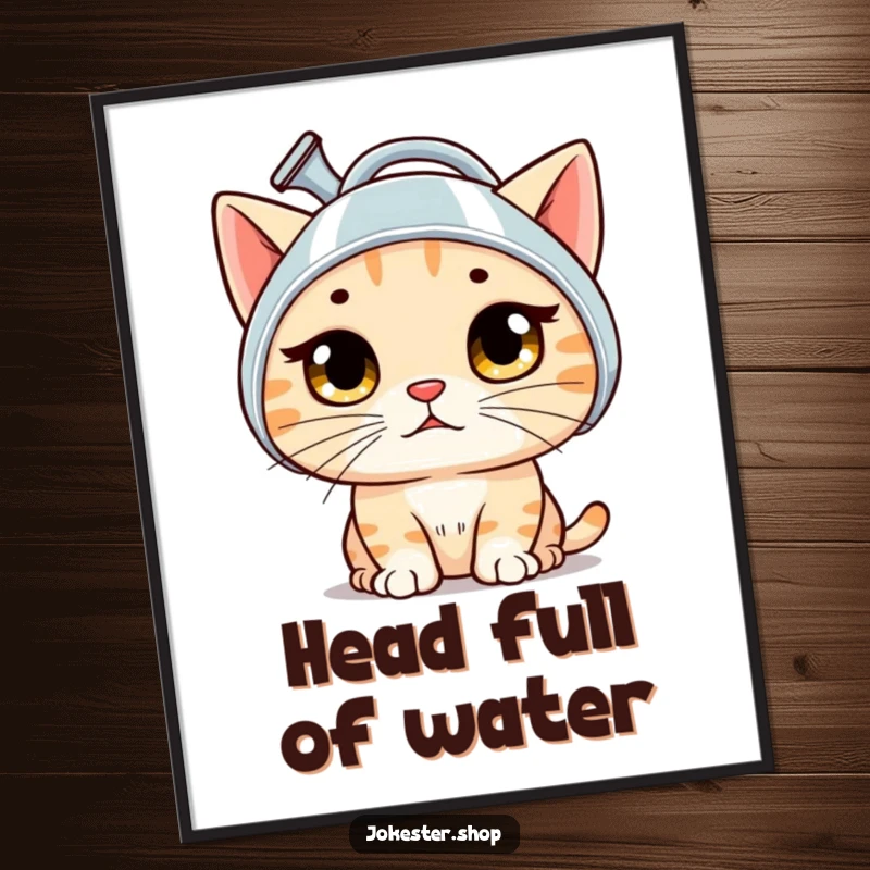 Funny cat poster art of a bewildered cat wearing a watering can like a helmet, eyes wide with surprise, humorous wall decor.