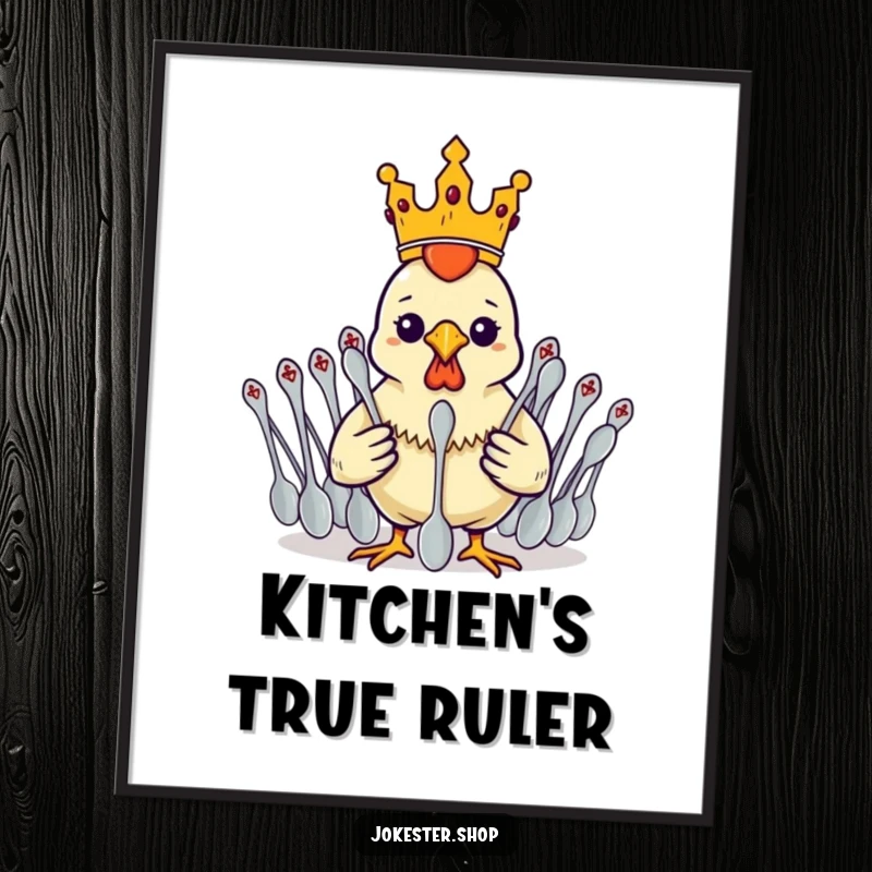 Funny rubber chicken in a tiny crown, directing an army of spoons, creating humorous and absurd wall art.