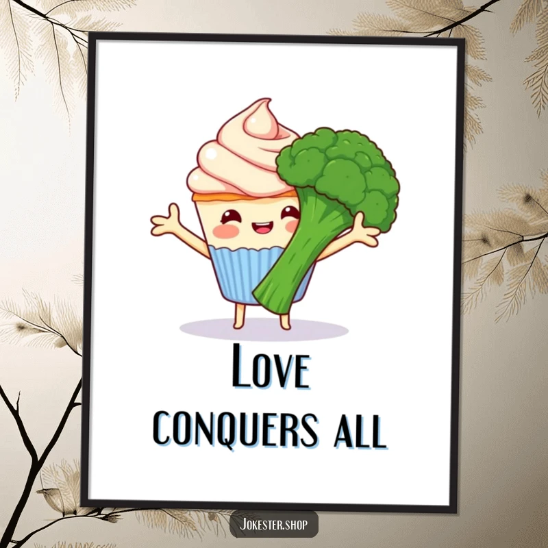 Funny happy cupcake with frosting arms hugging grumpy broccoli, charming cartoon wall art ready to be framed, perfect funny gift.