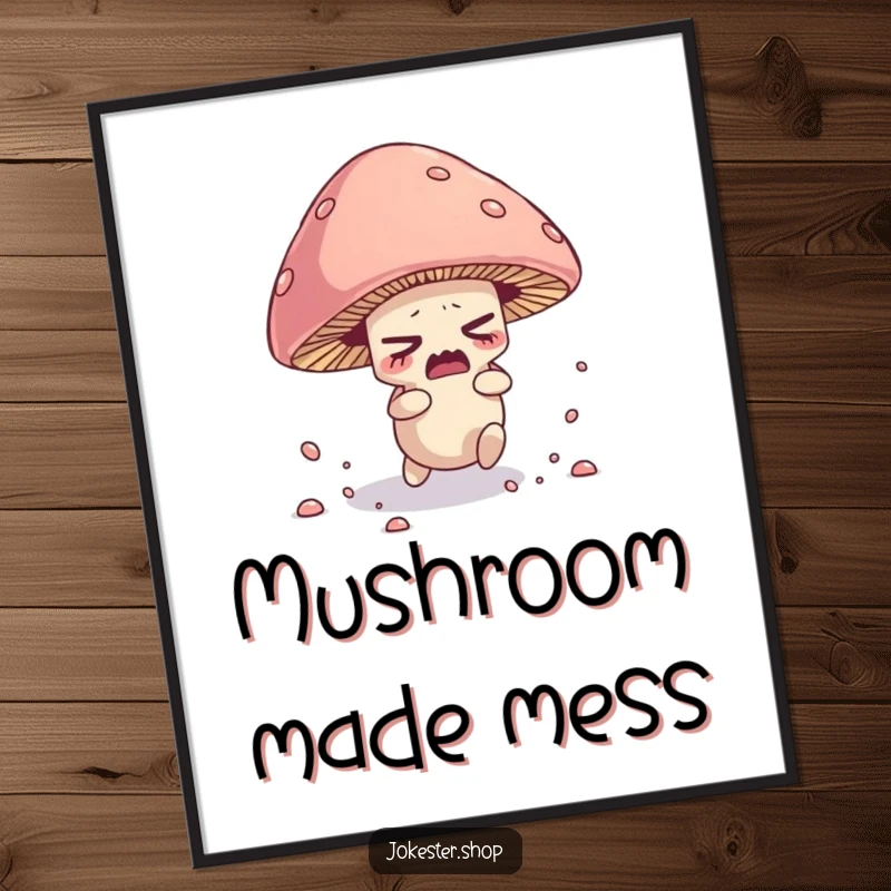 Funny poster art of a nervous mushroom character tripping over its cap, scattering spores.