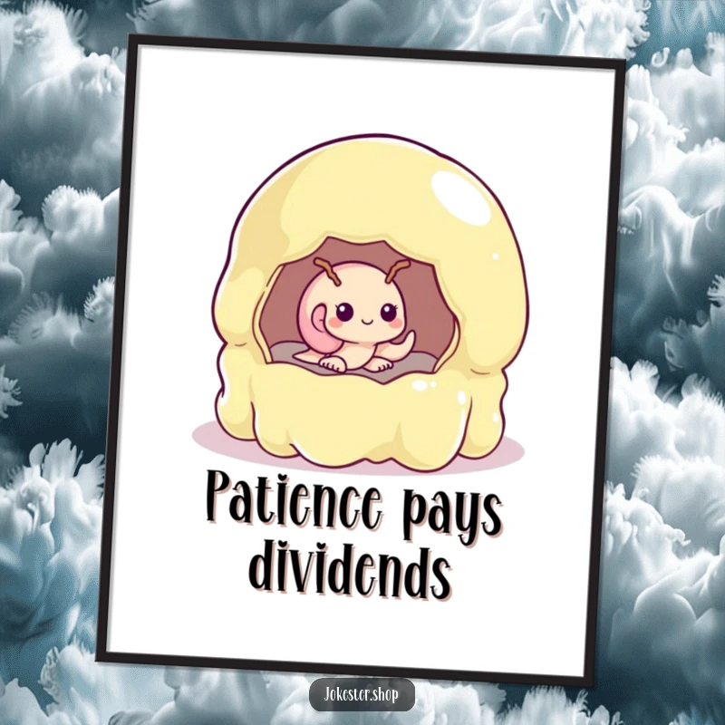 Funny snail shyly emerging from a massive, wobbly jelly mold, presented as vibrant wall art.