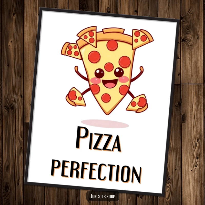 Funny pizza poster, smiling slice juggling multiple pepperoni slices, humorous and appetizing wall art.