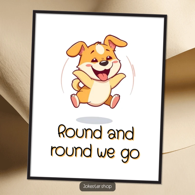 Funny dog spinning in circles, comically chasing its tail with an exaggerated goofy grin, ideal for wall art.