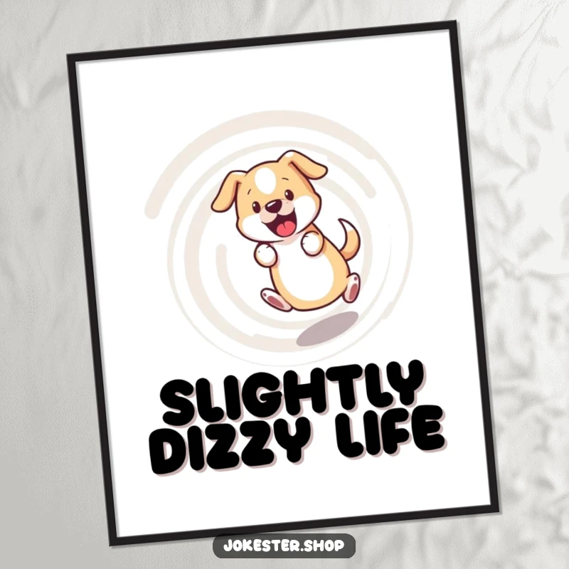 Funny dog poster, bewildered dog chasing its tail in a dizzying spiral, humorous and energetic wall art.