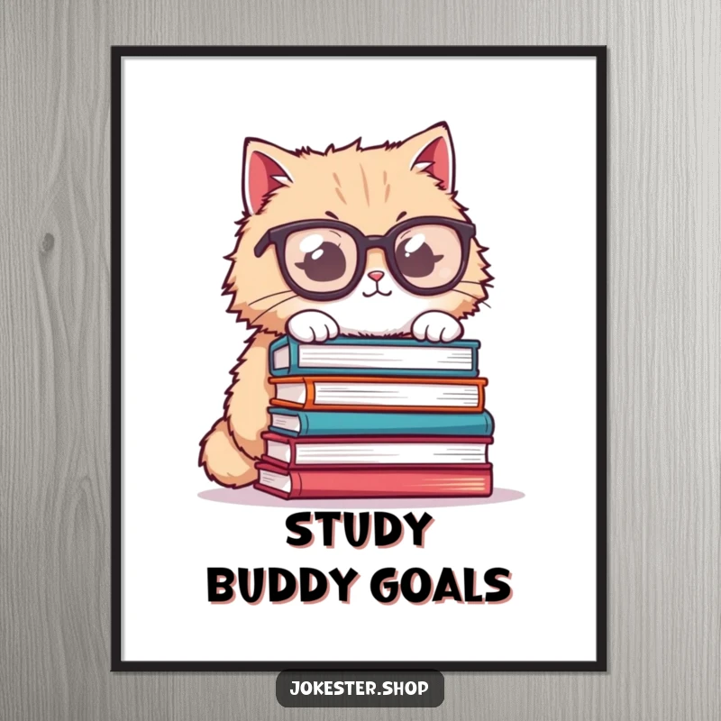 Funny cat poster, fluffy cat wearing oversized glasses, attempting to balance a precarious stack of books, humorous wall art.