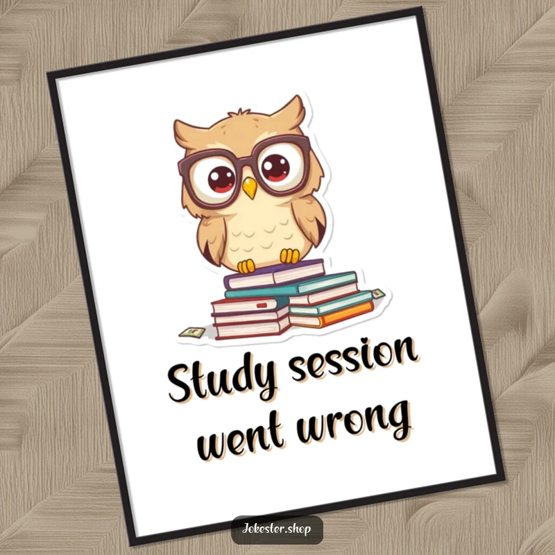 Funny owl character, startled behind oversized glasses, books scattering everywhere. A whimsical and funny poster for bookish spaces.