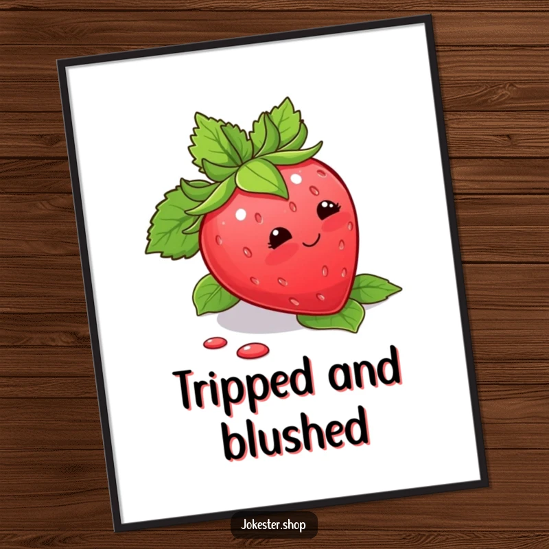 Funny Poster featuring a blushing strawberry hilariously tripping over its leaves, adding cute humor to decor.