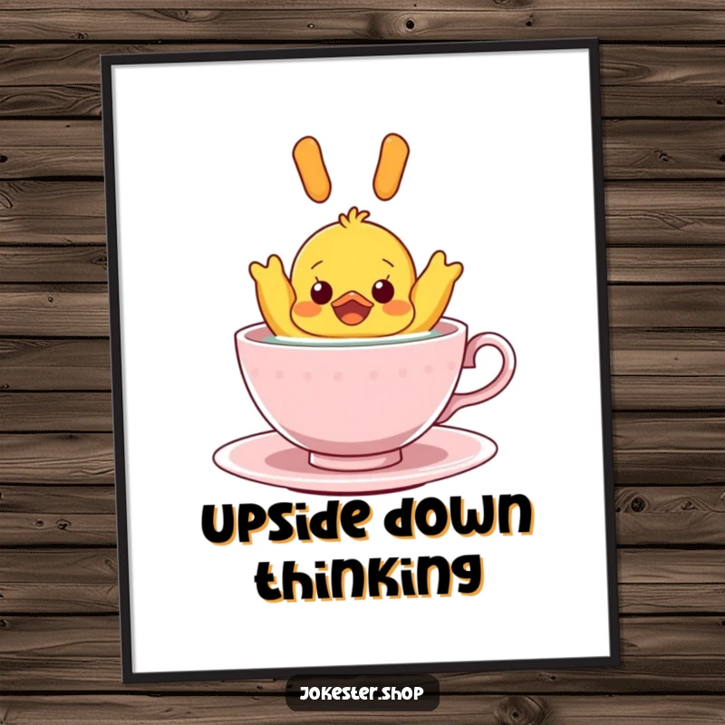 Funny Poster: A surprised rubber ducky floating upside down in a teacup, creating a comical and memorable piece of wall art with a humorous twist.