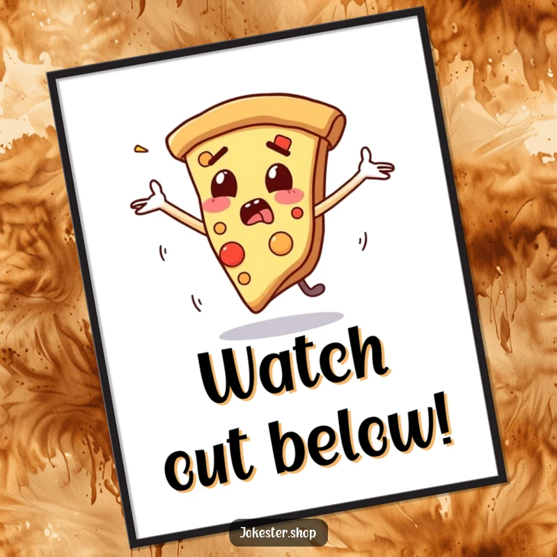 Funny poster displaying a startled slice of pizza with arms flailing as it slides down a surface, capturing a moment of delicious panic.