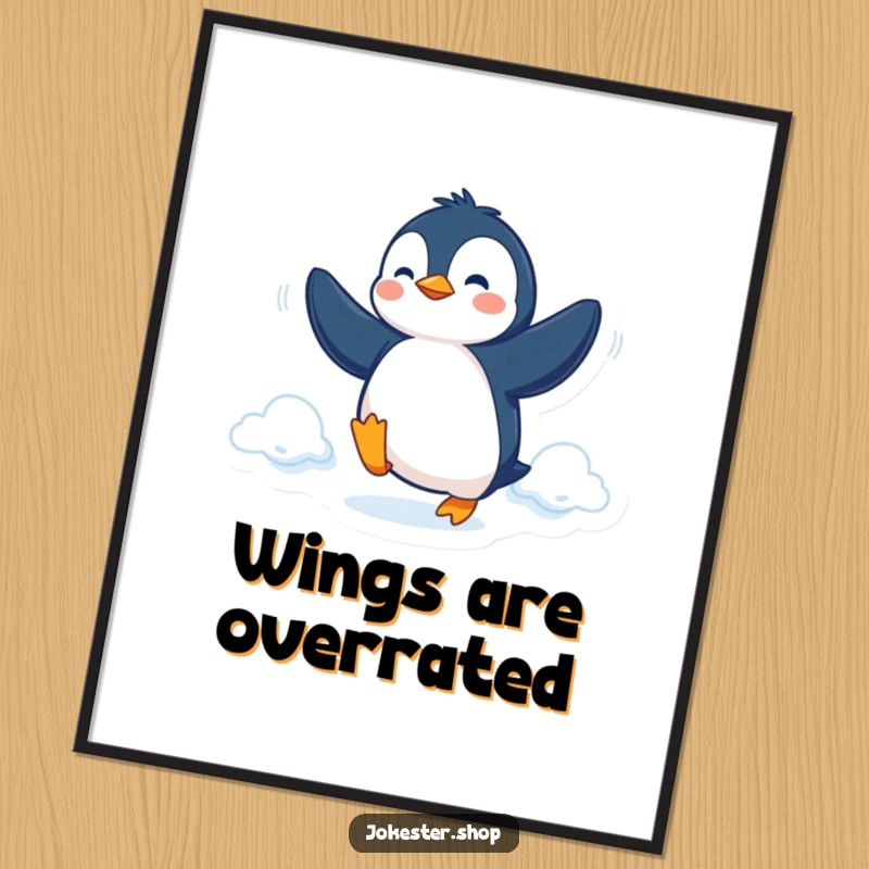 Funny Poster featuring a determined penguin attempting flight with flippers, adding inspirational humor to decor.