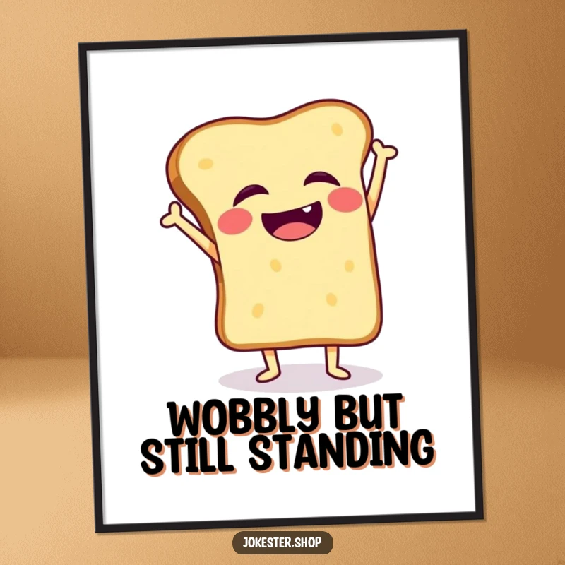 Funny poster of a giggling toast slice hilariously wobbling while trying to maintain a handstand, breakfast art.