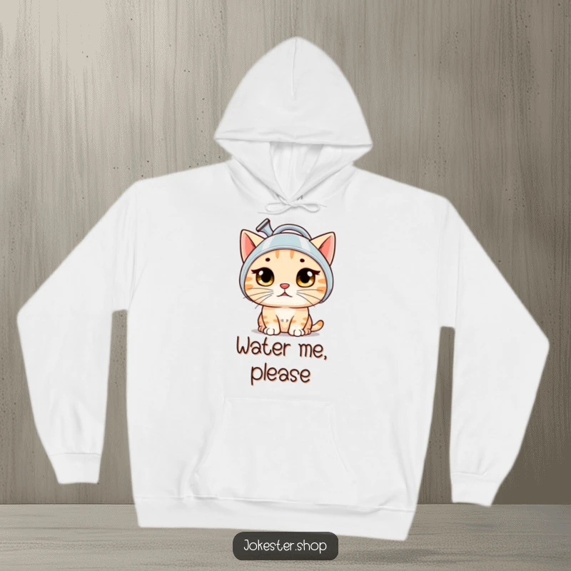 Funny cat hoodie with a bewildered cat wearing a watering can as a helmet, showing off its surprised expression.