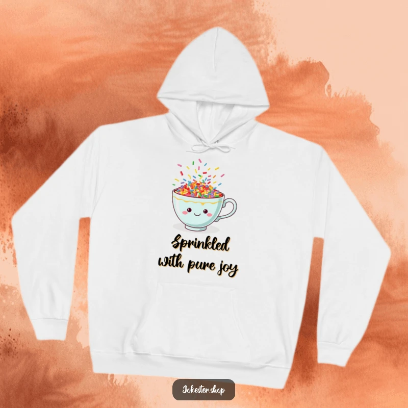 Funny sprinkle teacup hoodie, cozy and warm, adorned with colorful dancing sprinkles, depicting a cheerful and playful vibe.