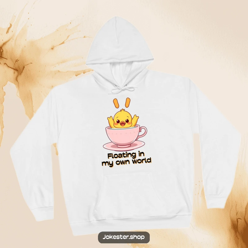 Funny Hoodie: A surprised rubber ducky floating upside down in a teacup, offering a cozy and humorous addition to any wardrobe, perfect for chilling.