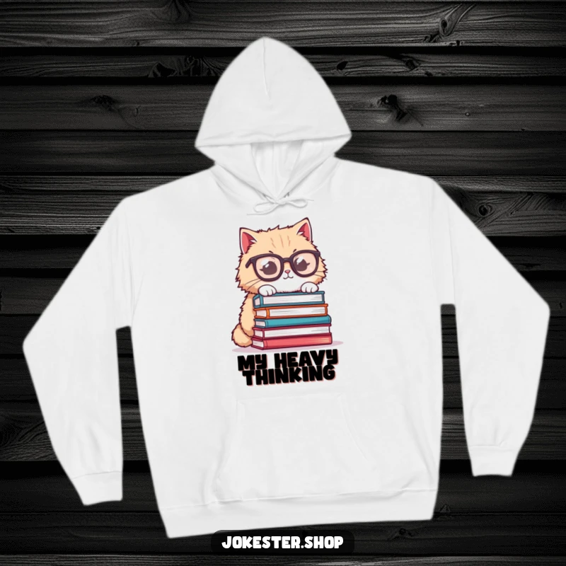 Funny cat hoodie, fluffy cat wearing oversized glasses attempting to balance a tall stack of books, soft and humorous apparel.