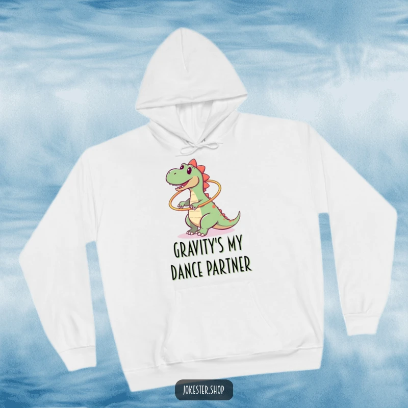 Funny hoodie showcasing a clumsy dinosaur's epic failure with a hula hoop, looking utterly defeated and comical.