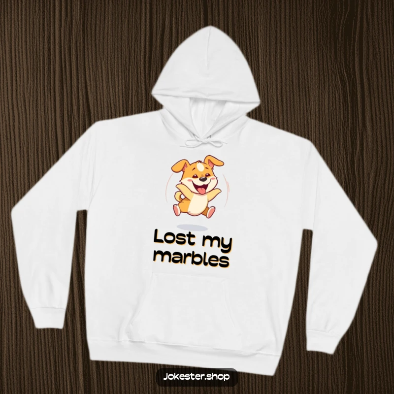 Funny dog caught in a dizzy spin, comically chasing its tail with a wide, goofy grin, featured on a hoodie.