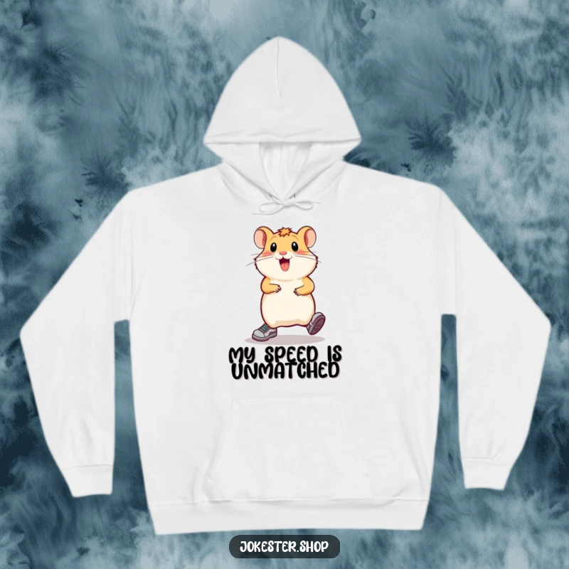 Funny hamster sporting tiny running shoes, comically sprinting in place, providing a warm and humorous visual on this cozy hoodie.