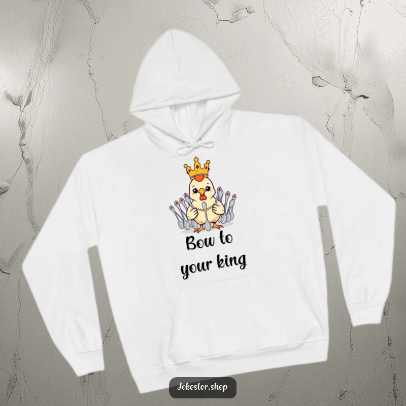 Funny crowned rubber chicken leading an army of spoons, featured on a warm and humorous hoodie.