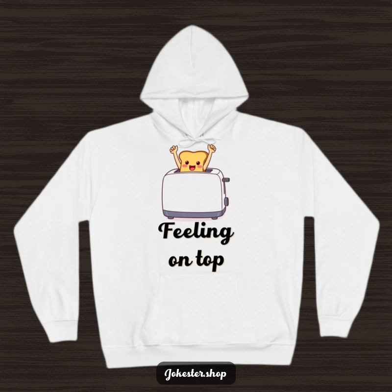 Funny cheerful toast jumping out of a toaster with arms raised in victory, printed on a soft hoodie.