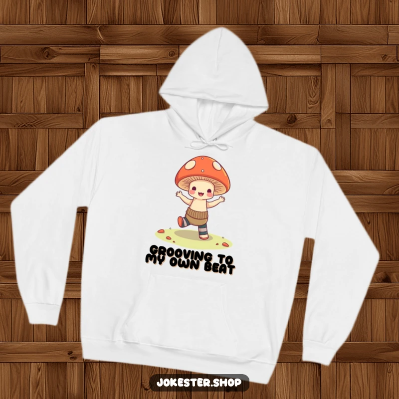 Funny Hoodie: A charming mushroom enthusiastically attempting to dance, wearing distinctively mismatched socks, radiating playful energy and warmth for a cozy feel.