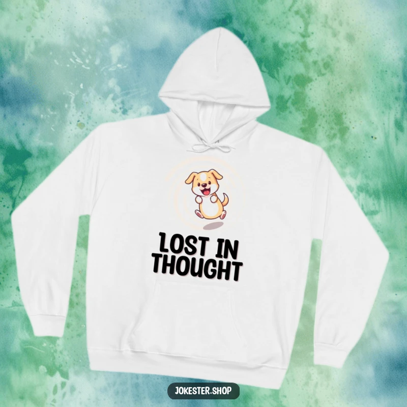 Funny dog hoodie, bewildered dog chasing its tail in a dizzying spiral, soft and humorous apparel for dog lovers.