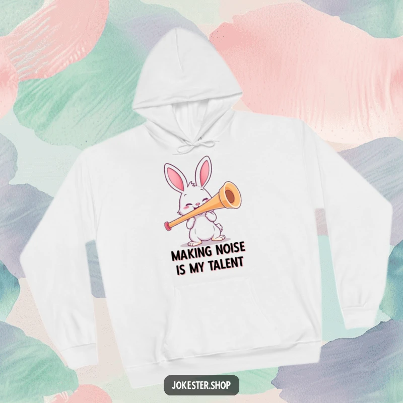 Funny rabbit character joyfully playing an enormous kazoo, radiating musical happiness. A warm and funny hoodie for a cozy laugh.