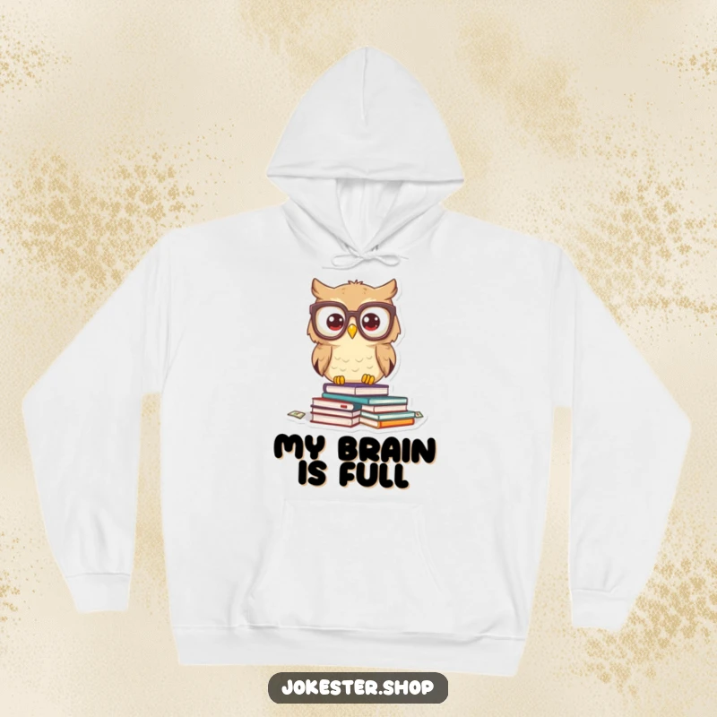 Funny owl character in large glasses, overwhelmed by falling books. A warm and funny hoodie for bookish comfort.