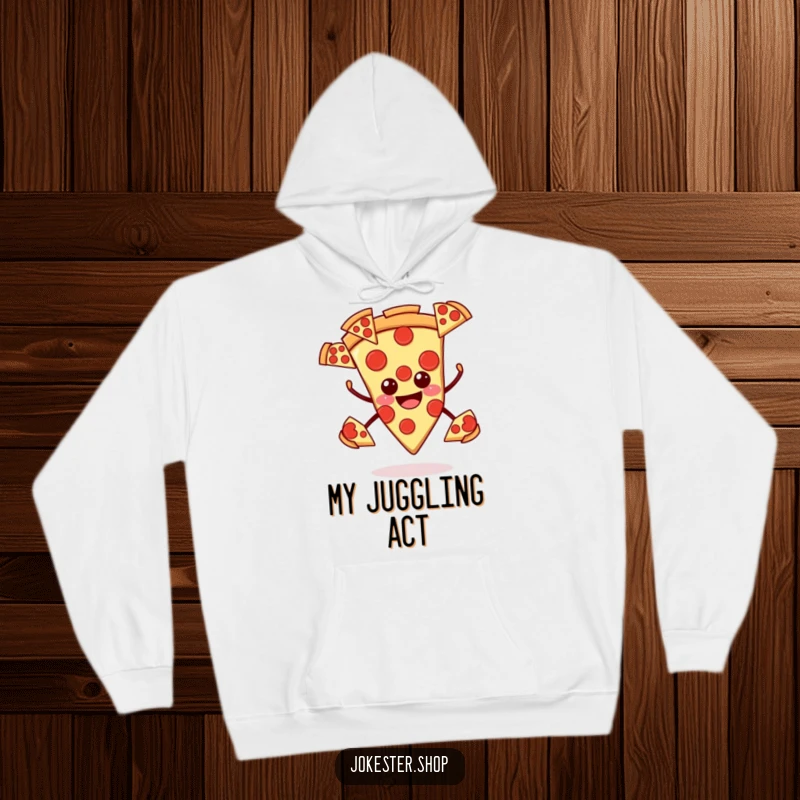 Funny pizza hoodie, smiling slice juggling multiple pepperoni slices, soft and humorous apparel for food lovers.