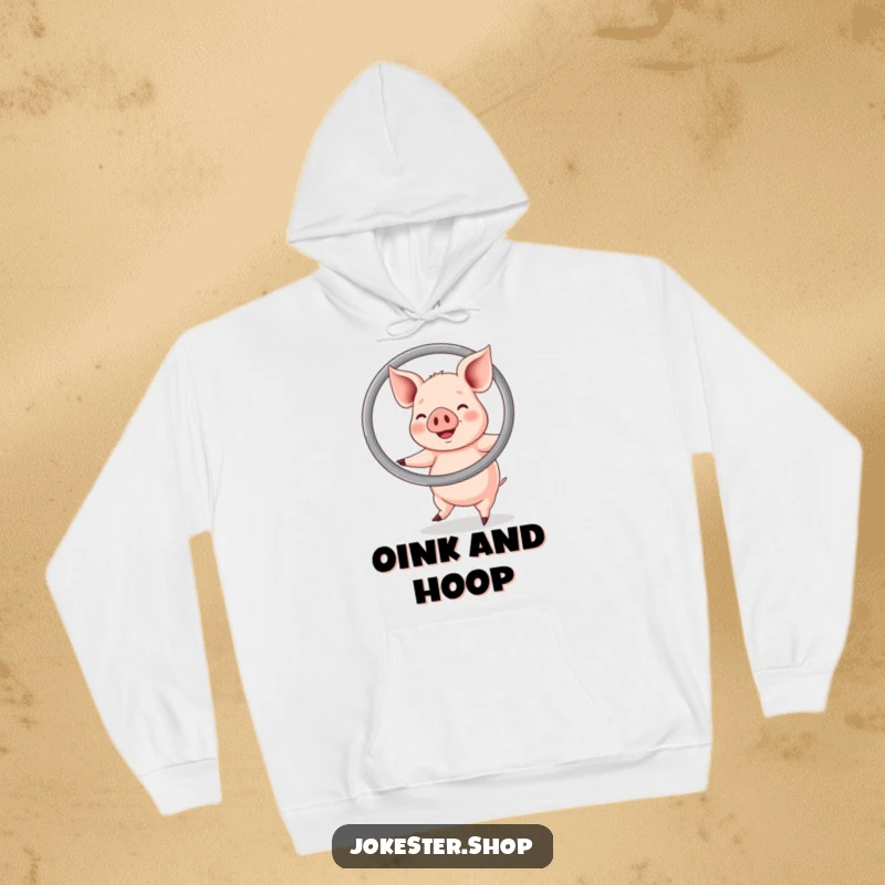 Funny hoodie print of a happy pig energetically hula hooping with a large ring, radiating pure joy and motion.