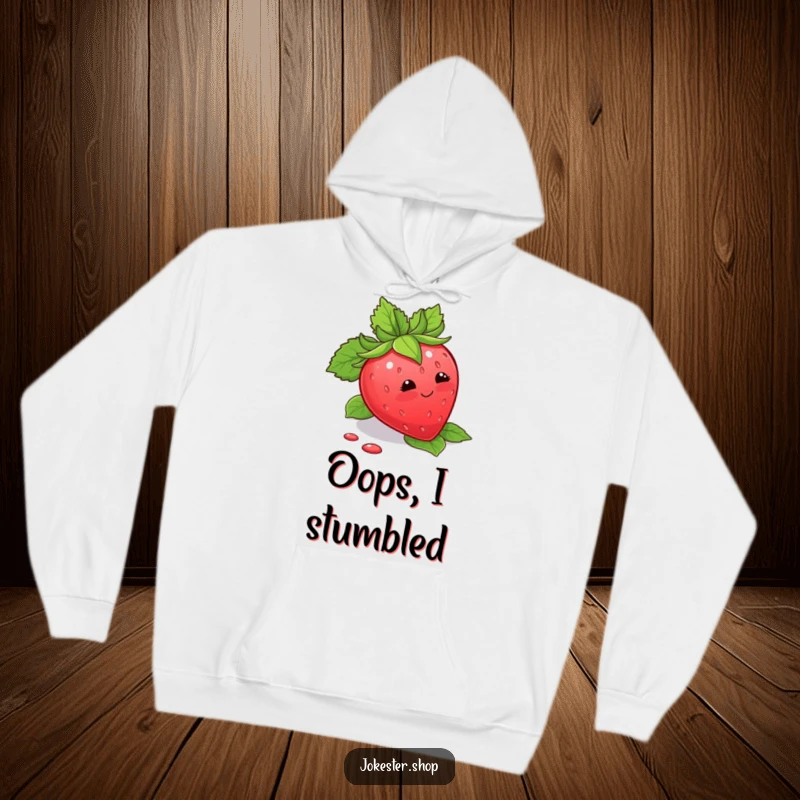 Funny Hoodie featuring a blushing strawberry tripping over its leaves, offering cozy comfort and sweet humor.